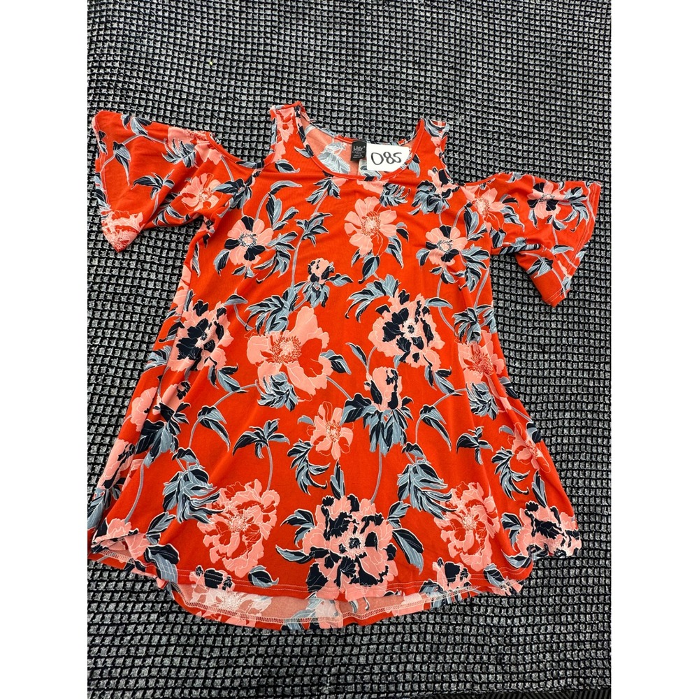 Lildy Cold Shoulder Tunic Womens L-XL Orange Floral Excellent Bell Sleeve Top